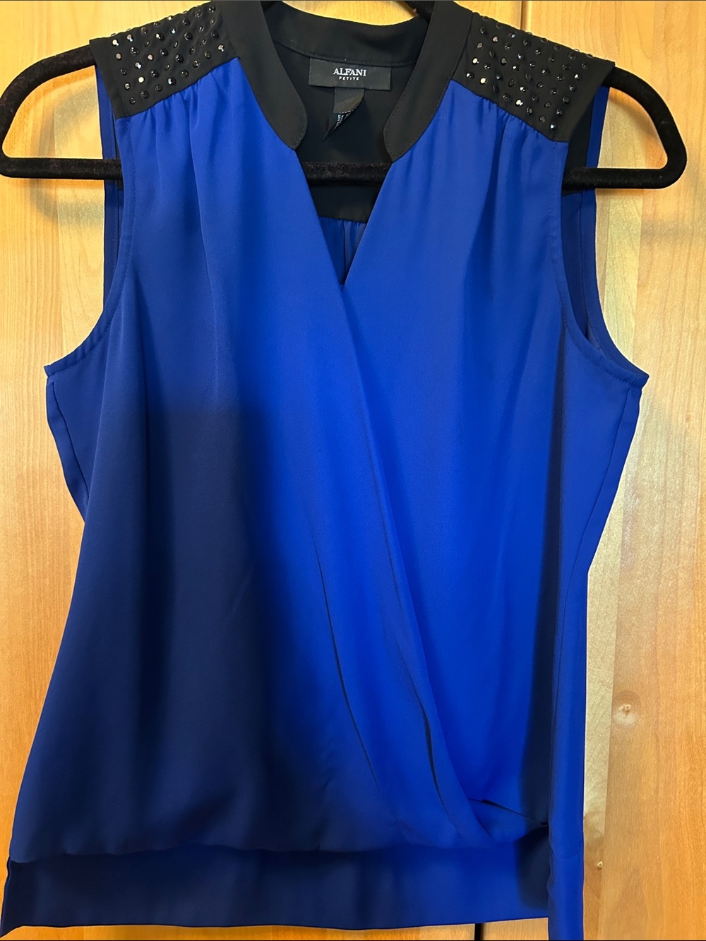 Alfani Royal Blue Sleeveless Draped Blouse with Studded Black Shoulders